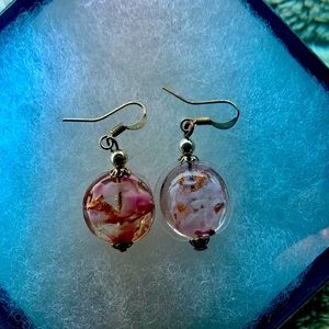 Italian glass earrings. Pink in color with hints of copper. 925 silver dangle.